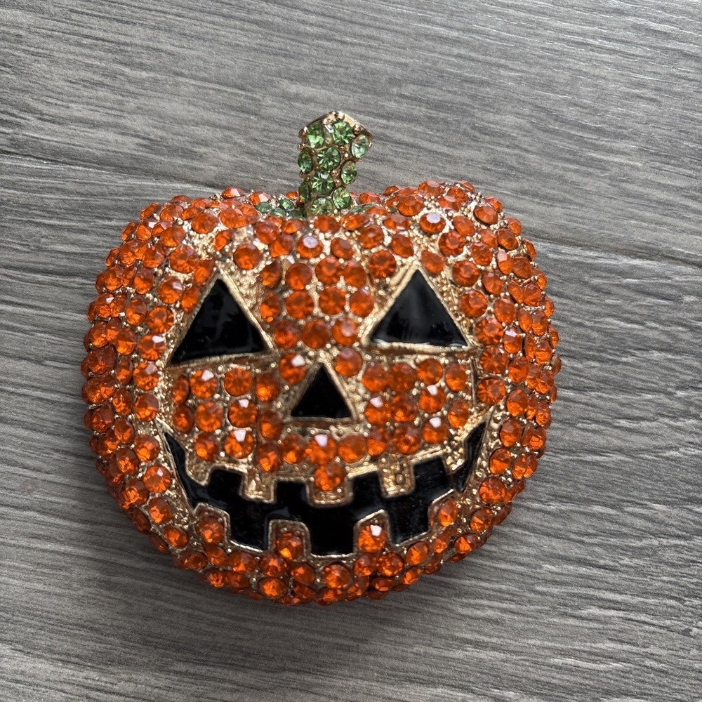 Pumpkin Jack-O'-Lantern Halloween Brooch Pin 3D Rhinestone 3" orange